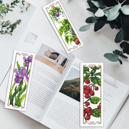 Image of INFUNLY 6PCS Flower Plants Cross Stitch Bookmark Kit for Adults Tulip Sunflower Cross Stitch Kits DIY Crossstitch Kit Green Leaf Stamped Embroidery Bookmark Kits with Instructions for Book Lovers