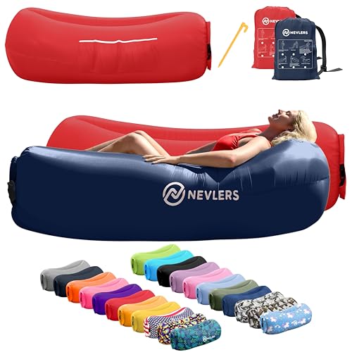 Nevlers Navy & Red Inflatable Lounger 2 Pack | 210T Polyester Inflatable Couch | No-Pump Blow Up Chair Set| Inflatable Sofa w/ 450lbs Capacity, Pockets & Matching Bag for Use as Festival Accessories