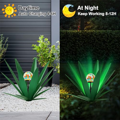 Image of TOMBABY Solar Rustic Garden Style Metal Agave Plants Outdoor Patio, Home Decor Hand-Painted Metal Agave Garden Patio Statues, Suitable for Desert Areas, Outdoor Lawn Decorations (1 Solar Green)