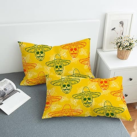 Koongso Happy Halloween Pirate Skull Yellow Pillowcase Home Decoration, 2 Pack Colorful Skull Bone Rectangle Pillow Cases Halloween Decorations for Sofa Bed Home Decor Cover