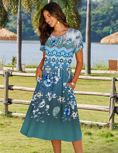 Image of HOTOUCH Women's Summer A-Line Midi Dresses 2026 Casual Floral Short Sleeve T-Shirt Dress Flowy Beach Sundress with Pockets