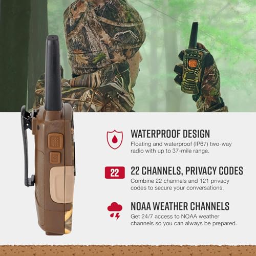 Image of Cobra ACXT1035R FLT CAMO Floating and Waterproof Walkie Talkies for Adults with Compatible Cobra Surveillance Headset: Rechargeable, 22 Channels, Long-Range, 2 Two-Way Radios, 2 Headsets