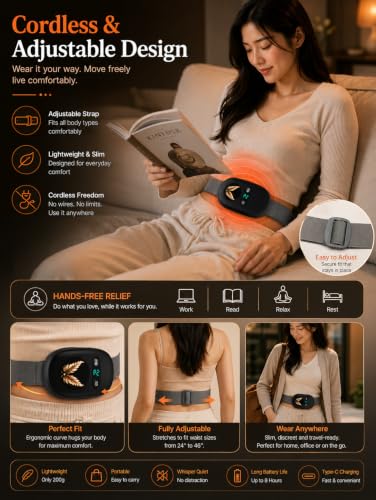 Image of Comfytemp Period Cramp Massager with 6 Heat & 6 Massage Modes, Cordless Electric Heating Pad for Pain Relief, Back & Belly Menstrual Heat Belt with 1800mAh Battery & Adjustable Strap, Gift For Women