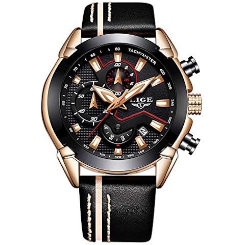 Watches for Men,LIGE Chronograph Waterproof Military Sports Analog Quartz Watch Gents Big Face Leather Strap Date Fashion Casual Dress Wrist Watch Rose Gold Black Cover