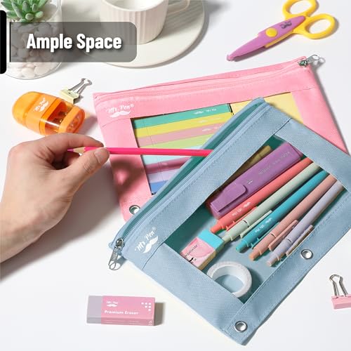 Image of Mr. Pen- Pencil Pouch for 3 Ring Binder, 2 Pack, 10 inchx6.75 inch, Smooth Zipper | Clear Window, Large Capacity Pencil Case with 3 Reinforced Grommets for School, Office, Supplies Storage | Clear Window, Large Capacity Pencil Case with 3 Reinforced Grommets for School, Office, Supplies Storage