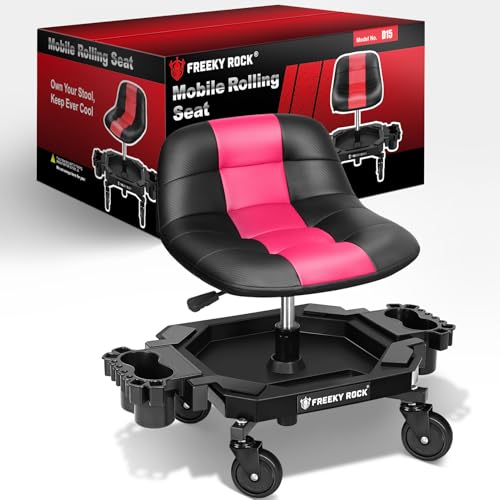 Image of Rolling Stool with Wheels, Adjustable Height Pneumatic Garage Work Mechanic Stool Seat with Backrest, 400 LBS Capacity 360 Swivel Mechanic Crepper Chair with Tool Tray Storage, Pink