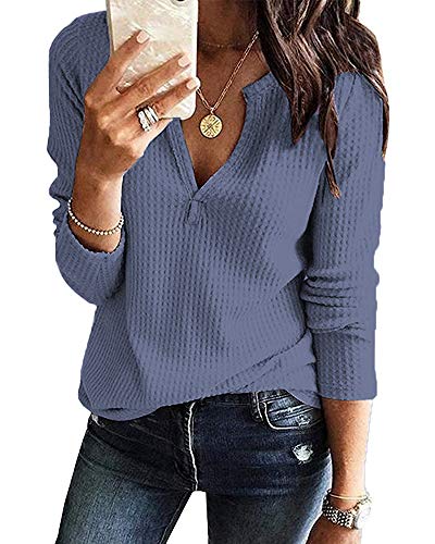 Image of Farktop Womens Long Sleeve Tops Henley V Neck Lightweight Pullover Sweaters