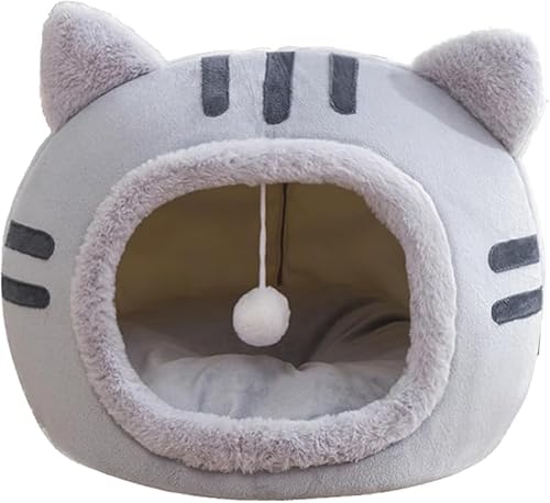 Nozuma ペット用寝袋 猫ハウスベッド ドーム型 犬猫兼用 暖かいふわふわ 折りたたみ式寝マット 保温防寒 猫犬小動物用 室内用厚み 冬寒さ対策 可愛いクッション付き (ブラウン,S サイズ) 小型犬/猫用寝床