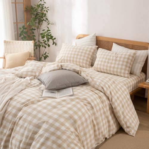 Image of BESTOUCH Gingham Cotton Duvet Cover Set Almond Grey Twin | Washed Cotton, Linen Feel, Soft Wrinkle Texture, Hidden Zipper, 8 Ties, Breathable Lightweight Durable Comfy, 2 Pcs No Insert