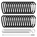 XIECHANEE 30PCS Aluminum Carabiner Clips, 2' D Shape Spring Snap Hooks Carabiner with 30PCS Keyring Keychain Hook, Black