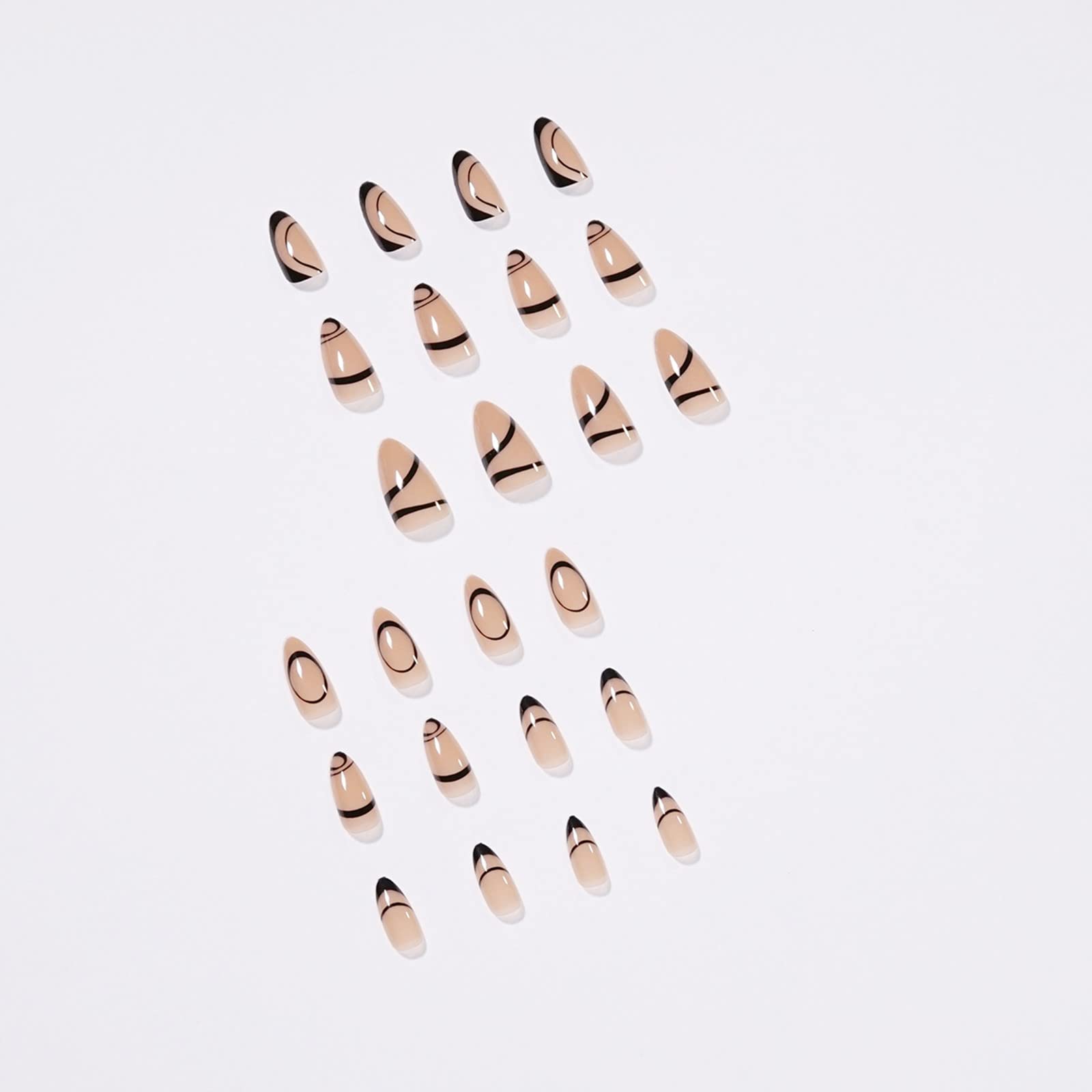 JUSTOTRY 24 Pcs Classy Swirl Almond Short False Nails,Black Press on Nails Pattern,Glossy Fake Nails Short,French Oval Medium Stick on Nail for Women and Teens Nail Art - Image 3