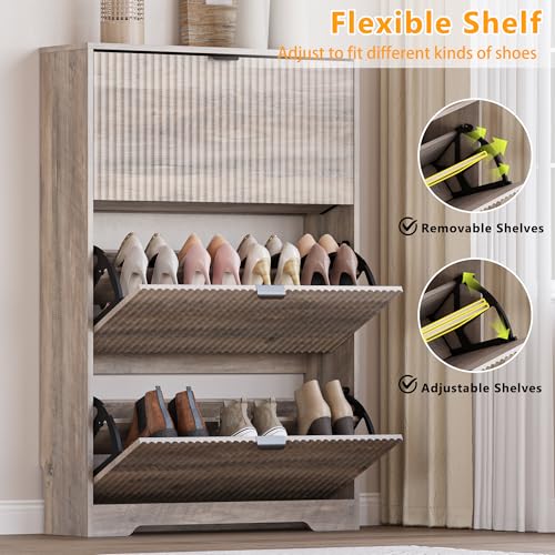 Image of BORNOON Entryway Shoe Cabinet with 3 Flip Drawers, Narrow Shoe Organizer Cabinet with Fluted Panel and Adjustable Shelves for Foyer, Hallway