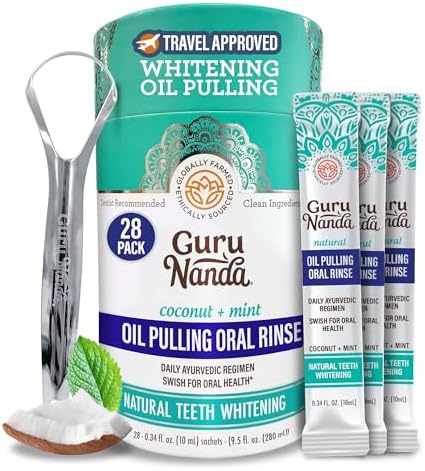 GuruNanda Travel Sachets Coconut Oil Pulling, Fresh Breath & Whitening Mouthwash, 7 Essential Oils & Vitamins for Happy Teeth & Gums, 28 Sachets