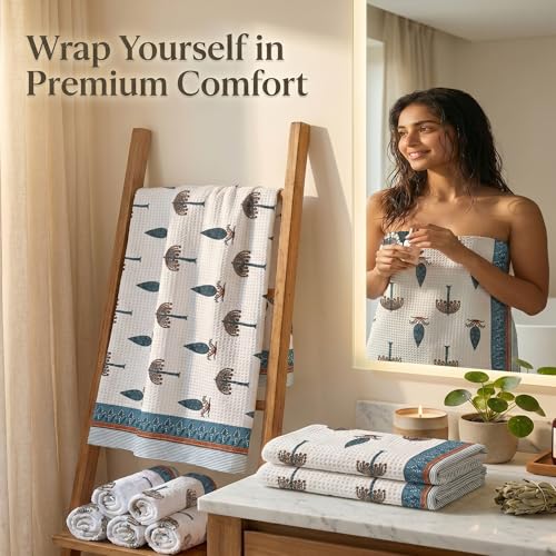 Image of Mafatlal Madhuban Soft Cotton Bath & Hand Set (1 Bath 147x76 cm + 2 Hand 76x38 cm) | 250 GSM | Absorbent, Floral Hand Print | Lagoon