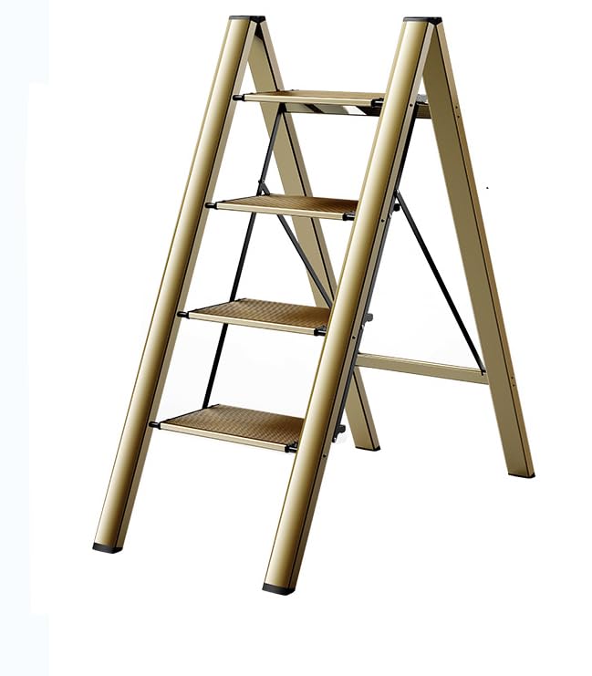 4 Step Ladder Aluminum Folding Step, Stool with Anti-Slip Sturdy and Wide Pedal Lightweight, Portable Multi-Use Stepladder for Home and Kitchen Use Space Saving (4 Steps, Champagne)