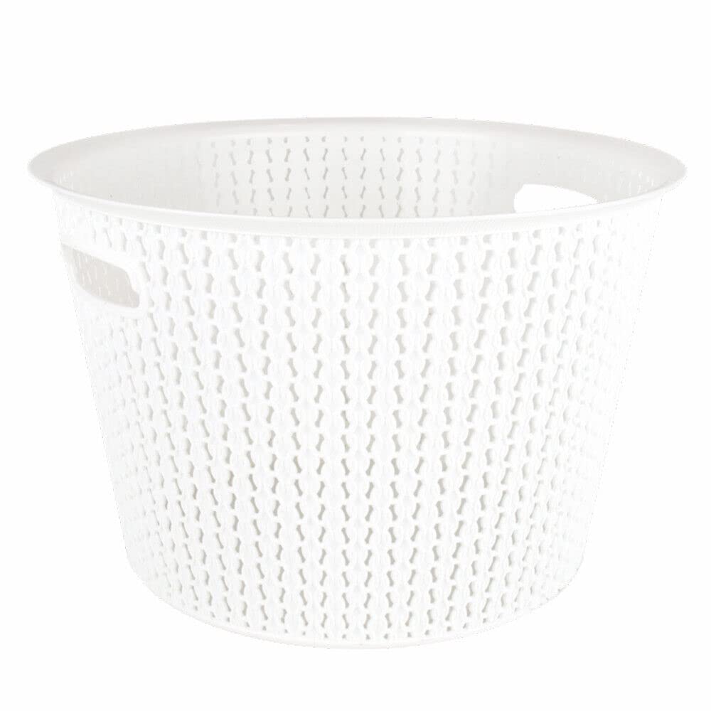 Plastic Laundry Basket Clothes Washing Bin Storage Knitted Hamper Organiser (White, Round)