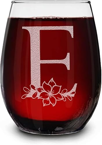 Copa de vino sin tallo con inicial floral monograma, 15 onzas, regalo personalizado para beber para mujeres y hombres (E)