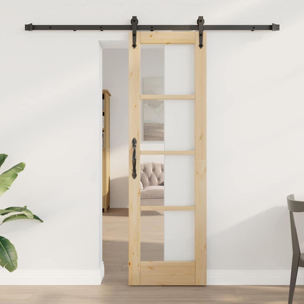 Drzwi przesuwne z litego drewna sosnowego i szkła naturalnie czarne 61 x 198,5 cm do wnętrz ciche przesuwanie zajmuje mało miejsca, nowoczesny styl mieszkanie przejście