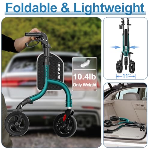 Image of HOMLAND 3 Wheel Walkers for Seniors, Foldable Wheeled Rollator with Cane Hold and Cup Hold, Lightweight Three Wheel Rolling Walker Height Adjustable for Seniors