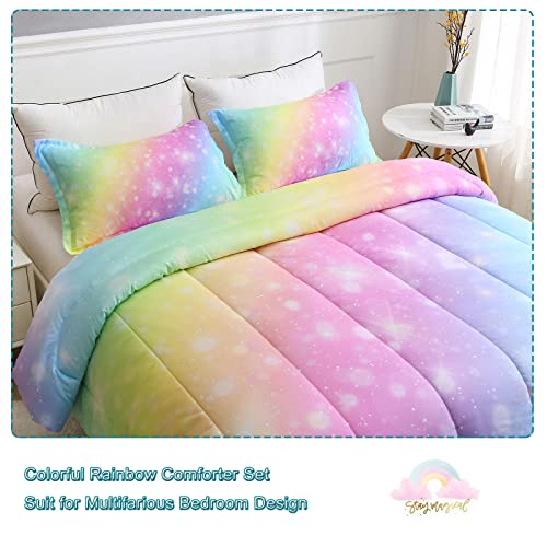 Sirdo Girls Unicorn Bedding Set 3 Piece Rainbow Comforter Set For Teen Girls Adults With Sparkle Stars Soft Bedding Sets Machine Washable, Multi, Queen #TOP3