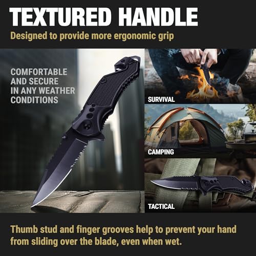 Image of GOOD WORKER Legal Pocket Knife with 2.95 inch Serrated Blade, Glass Breaker, Seat Belt Cutter - EDC Sharp Folding Knives with Portable Clip - Small Tool for Tactical Camping Survival Hiking - Gifts for Men, Women