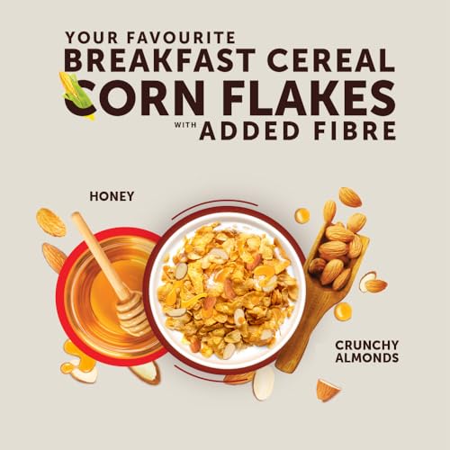 Image of Bagrry's Corn Flakes Plus 750g- Almond and Honey | With Added Fibre | California Almonds, Raw Honey, Golden Corn, Wheat Fibre| High Fibre Breakfast Cereal| Naturally Cholesterol Free Cornflakes | No Preservatives