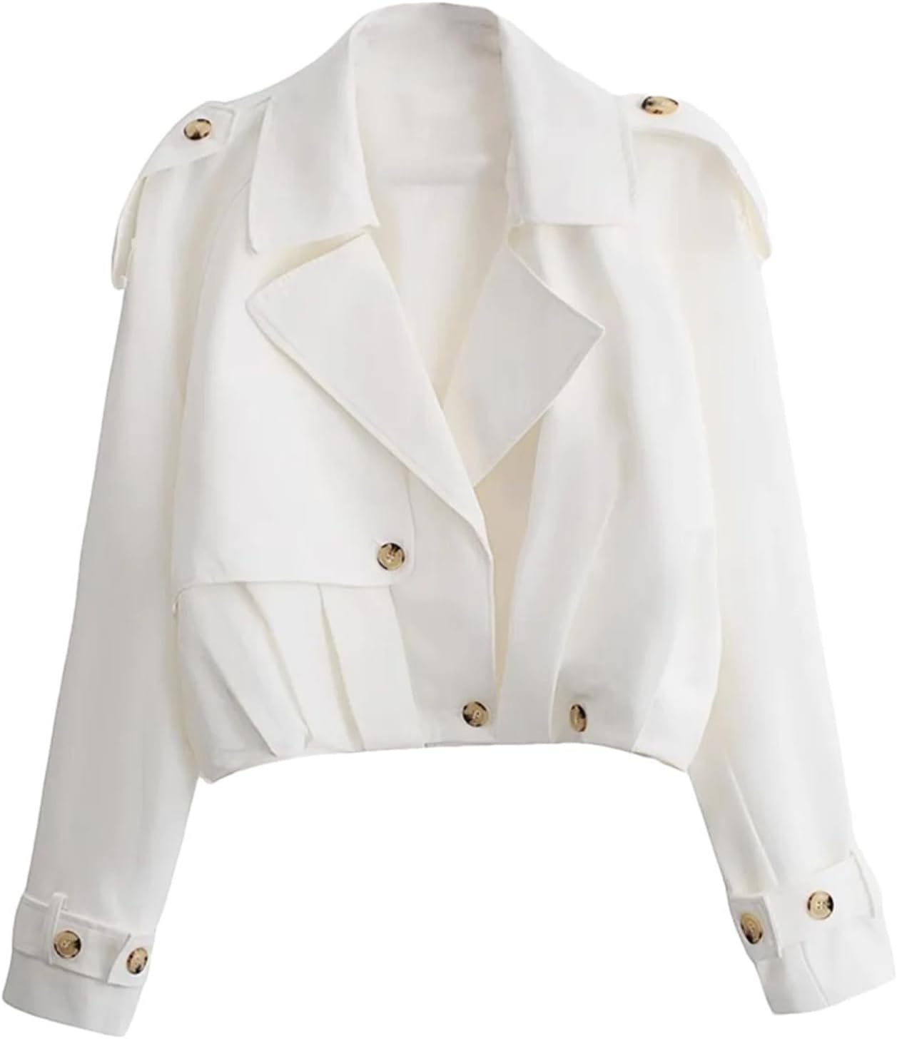 Cropped Trench Coat For Women Double Breasted Short Coat With Lapel Collar, Belted Cuffs, Side Pockets & Solid Color