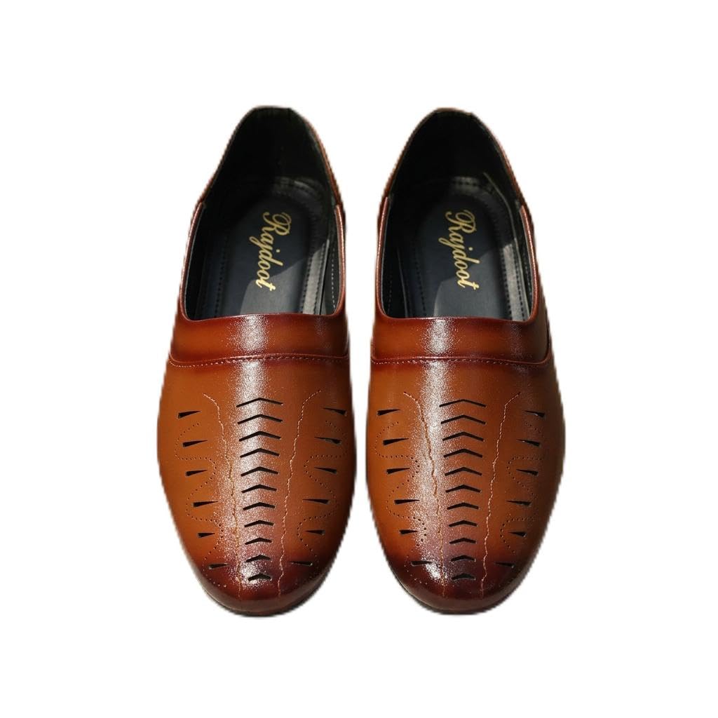 Men's Tan Brown Leather Slip-On Shoes, Laser Cut Design, Casual Loafers, Ethnic Juti-image-16