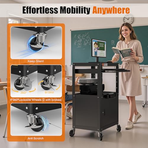 Image of Steel Large AV Cart with Extra Storage - Adjustable Height Cart with Locking Cabinet, Pullout Tray, Power Strip, and Cord Management - Holds 300 lbs and Easy to Assemble (24'' x 18'' x 42'')