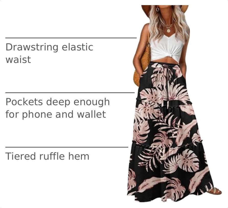 Image of Lepunuo Womens Casual Boho High Waisted Flowy Maxi Skirts Tiered Floral Long Skirts with Pockets for Summer Beach Vacation