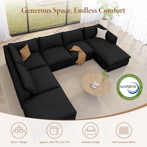Image of Vesgantti 141.7 inch Oversized Sectional Boneless Couch, Modern 7 Seater Modular Sofa with Chaise & Ottoman, Deep Seat Plush Corduroy Cloud Couches for Living Room, No Assembly Required, Black
