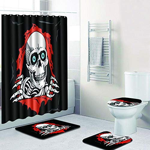 ZDDWLDL 4Pcs Duschvorhänge Set Mit Rutschfesten Teppichen,Toilettendeckel und Badematte Schwarzer Roter Weißer Kreativer…
