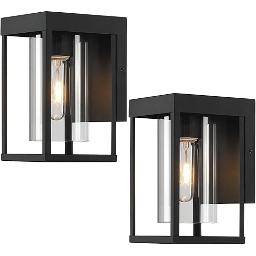 2-Pack Black Outdoor Wall Light Fixtures, Exterior Wall Lantern Sconce, 9" H Outdoor Porch Light Wall Mount with Clear Glass Shade