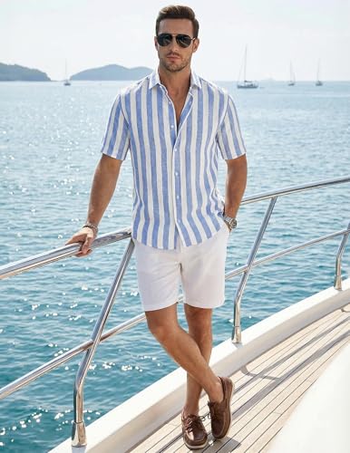 JMIERR Men's Casual Stylish Short Sleeve Button-Up Striped Dress Shirt Cotton Beach Shirts