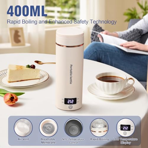 Travel Electric Kettle Portable Mini Kettle,Small Hot Water Boiler with 4 Temperature Settings,304 Stainless Steel,Fast Boiling Water with Auto Shut-Off and Boil Dry Protection (Beige, 400ML) - Image 5