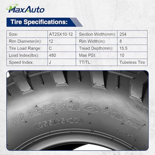 Image of MaxAuto Set of 4 UTV ATV Tires 25x8-12 Front & 25X10-12 Rear Tire, 6PR Tubeless, Four Wheeler Tires All Terrain Tire 25x8x12 Sport Mud-Tires 25x10x12 Off Road Tire, 4 Pack in 2 Packages