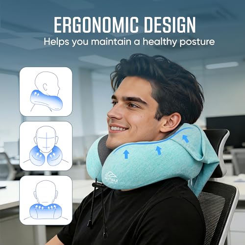 Image of SkytraxComf Travel Neck Pillow with Hood for Privacy on Long Flights | Memory Foam | Airplane Sleep | Safety-Tested Materials | Extra Large Hood | Chin Support | Earplugs | Washable Cover