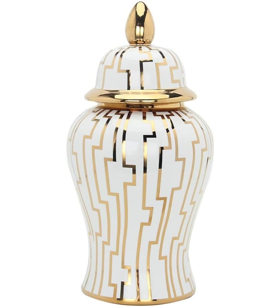 SBJKLYRN ceramic jar， Decorative Ceramic Ginger Jar Floral Vases with Lid Ginger Jar with Gold Trim Porcelain Temple Jars Temple Jar(24 * 50cm)