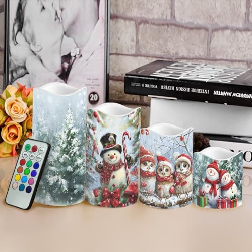 Image of Cute Snowman Owl Flickering Flameless Candles with Remote LED Pillar Candles Battery Operated with Timer Color Changing Electric Candles for Table Christmas Decorations
