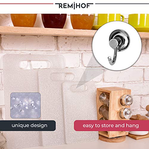 REMIHOF Plastic Cutting Board Set for Kitchen Dishwasher Safe (3 Piece) - Reversible Chopping Boards with Grip Handle - Perfect for Vegetables, Fruit, Meat, and Fish (Silver)