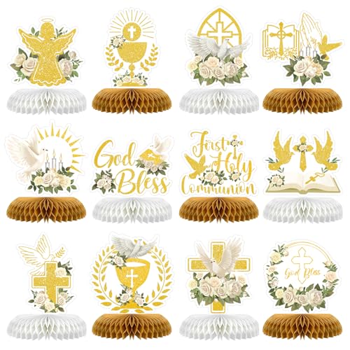 Tarklanda 12 Pcs First Communion Decoration Baptism Party Honeycomb Centerpieces God Bless Cross Table Toppers for Baptism Themed Birthday Baby Shower Supplies (Holy Communion)