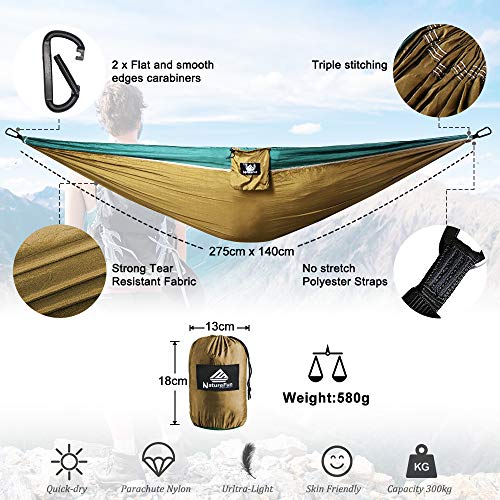 NATUREFUN Ultralight Travel Camping Hammock | 300 kg load capacity, (275 x 140 cm) parachute nylon | 2 x Premium carabiner, 2 x nylon slings included | For outdoor indoor garden use - Image 4