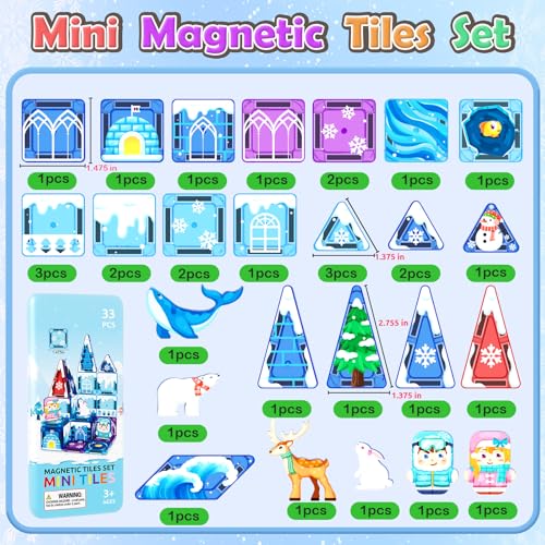 Image of 33PCS Mini Magnetic Tiles - Arctic Animals Theme Toddler Travel Essentials Set with Case, Magnetic Building Blocks Kids Games Montessori Preschool Sensory Toys for 3+ Year Old Boys Girls Gifts