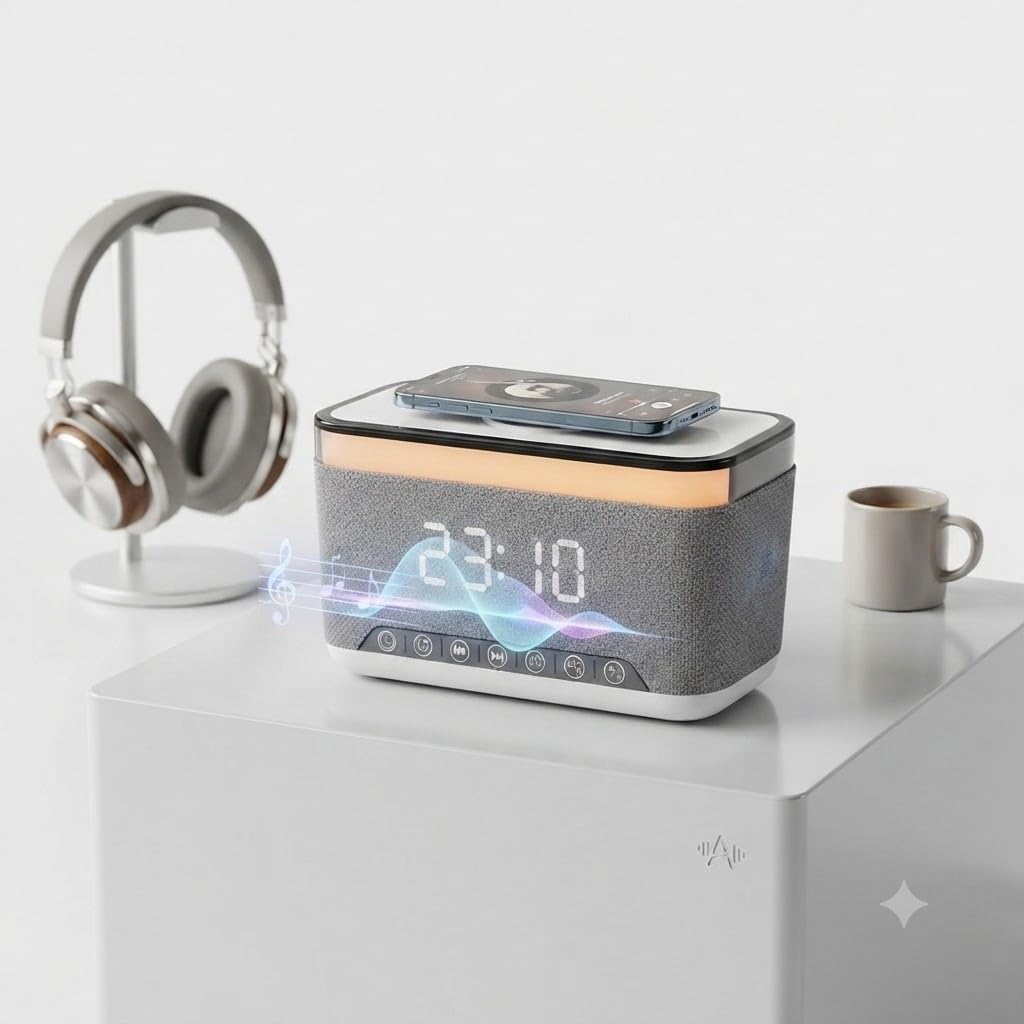 DRUMSTONE {Luxurious 5 Year Warranty}Wireless Bluetooth Speaker with LED Digital Clock, 15W Portable Rechargeable Speaker, FM Radio, Alarm Clock Fast Charging Desktop Sound System with HD Stereo Sound-image-3