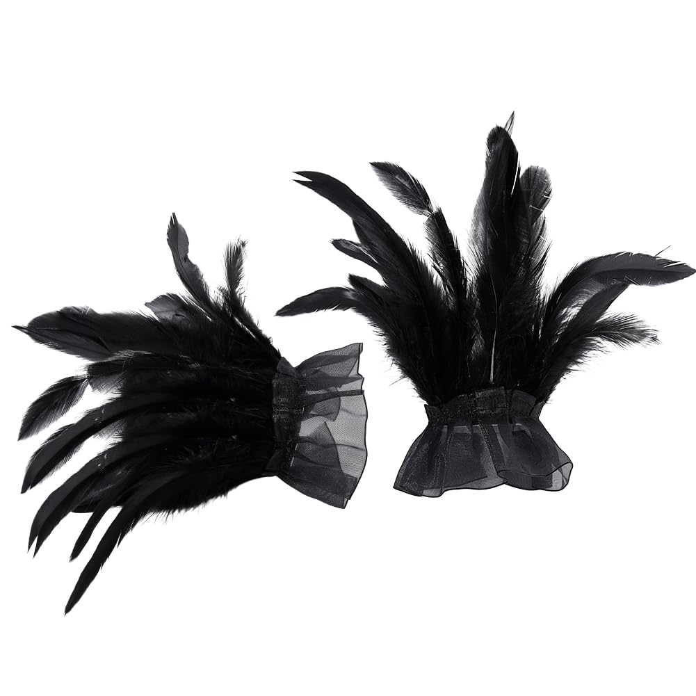 OLYCRAFT 2Pcs Women's Gothic Lace Feather Gloves Black Feathers Arm Sleeve Wristband Women Black Laces Feathers Gloves Feather Lace Wrist Bands for Cosplay Wedding Masquerade Party Theme Events
