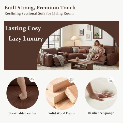 Image of Power Recliner Sectional Sofa, L-Shaped Living Room Furniture Set, Reclining Sectional Couch with Storage Console /Cup Holder for Living Room /House /Apt (Brown, 5 Seater)