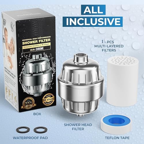 Image of FEELSO FE-15 PRO abs shower and tap filter for hard water with 15 stage Hard Water Softener Cartridge - Universal Shower Head Water Softener (Chrome FE-18 + 2 Cartridge)