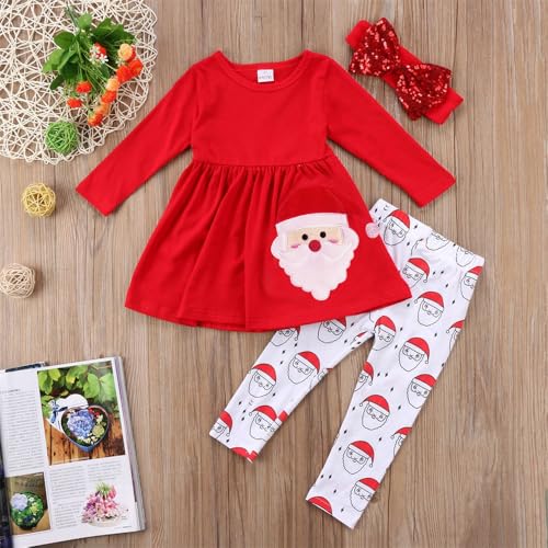 XFGLCK Toddler Kids Baby Girls Christmas Outfits Santa Print Flare Tunic Long Sleeve Dress Shirt Pants Headband Winter Sets2