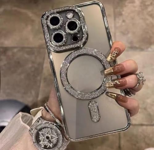 Image of Cute Compatible with iPhone 15 Diamond Glitter Case,Luxury Bling Rhinestone Soft Clear TPU Bumper Case,Compatible with MagSfe and Camera Lens Protection Cover for Women Girls (Silver)