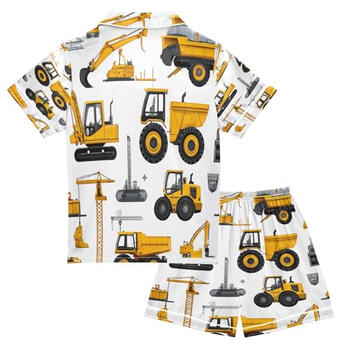 Satin Pajama Sets Short Sleeve Construction Machinery Car Pattern Button Down Silky Nightwear 2 Piece PJS 5-14Y2
